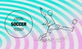 Football player hits the ball on a striped background. Soccer striker. Vector outline of soccer player sport illustration