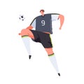 Football player hitting ball with knee. Man in uniform playing soccer. Professional footballer in motion during game or Royalty Free Stock Photo