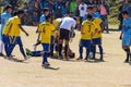 Vientiane Capital, Laos - November 25, 2017: Football player injured on the pitch during the match of Hmong New Year celebration i