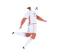 Football player jumping and trapping soccer ball with chest. Professional footballer in uniform playing sports game Royalty Free Stock Photo
