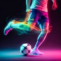 Football player kicking soccer ball in neon light toning.