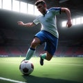 Football player is kicking soccer ball in a stadium with light flare. Royalty Free Stock Photo