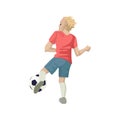 Football player kicks the ball. View from the back. Vector illustration of character.