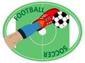 Football player leg kicks off soccer ball. Sport symbol, emblem or patch Royalty Free Stock Photo