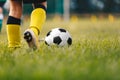 Football Player Running Ball Background. Low Angle Image of Soccer Boy Kicking Ball on Grass Training Field