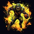 Football player running with ball in his hand and fire behind him. Generative AI Royalty Free Stock Photo