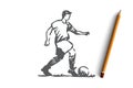 Football player, soccer, goal, kick concept. Hand drawn isolated vector. Royalty Free Stock Photo