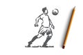 Football player, soccer, goal, kick concept. Hand drawn isolated vector. Royalty Free Stock Photo