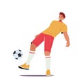 Football Player In Team Uniform Kick Ball, Young Sportsman Character Training, Making Stunts During Soccer Sport League Royalty Free Stock Photo