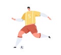 Football player in uniform running to kick ball with foot. Abstract footballer playing soccer. Sportsman in motion