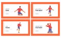 Football Players Celebrate Victory Landing Page Template Set. Happy Soccer Sportsmen Win After Goal Yelling