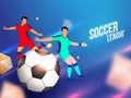Football players character with soccer ball on shiny blurry background for Soccer League.