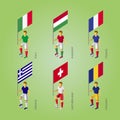 Football players with flags: France, Romania, Hungary, Italy, Sw Royalty Free Stock Photo