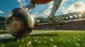 Football. Football players in a large stadium with full stands of fans during the championship. Football players in Royalty Free Stock Photo