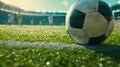 Football. Football players in a large stadium with full stands of fans during the championship. Football players in Royalty Free Stock Photo