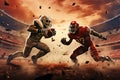 football players in red and gold stadium. mixed media, American Footballers Battling it Out on Field with Stadium in Background, Royalty Free Stock Photo