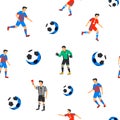 Football players seamless pattern. Sport championship. Soccer players with football ball. Full color background in flat Royalty Free Stock Photo