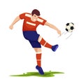 Football players. Soccer sportsmen, people playing with a ball. Athlete goal and kick, isolated sports action and workout vector