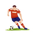 Football players. Soccer sportsmen, people playing with a ball. Athlete goal and kick, isolated sports action and workout vector