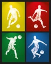 Set of football player silhouettes in white low poly design, backgrounds in yellow, red, green and blue Royalty Free Stock Photo