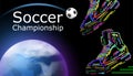Football poster with soccer ball, sneakers on planet earth background and space for text.