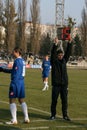 Football referee assistant and board substitution Royalty Free Stock Photo