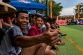 The football referee informs team players about the rules of the game