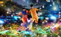 Football scene with soccer players and futuristic digital background