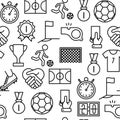 Football seamless pattern with thin line icons: player, whistle, soccer, goal, strategy, stopwatch, football boots, score. Vector