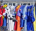 Football shirts on a hanging rail