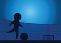 Football shoot action on sunset background,silhouette style blue color