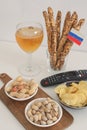 Football snacks with russian flag flat lay Supporting national team concept Ready to watch football game Royalty Free Stock Photo