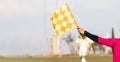 Football soccer arbiter assistant with flag at hands. Blurred green field background