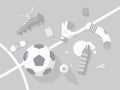 Football / Soccer Background With Sport Equipment. Monochrome Gray Illuminated Field.