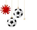 Football soccer ball covid-19 coronavirus covid covid 19 christmas xmas balls isolated hanging  for new year background  white  - Royalty Free Stock Photo