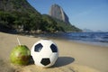 Football Soccer Ball with Fresh Coconut Rio Beach Royalty Free Stock Photo