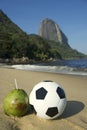 Football Soccer Ball with Fresh Coconut Rio Beach Royalty Free Stock Photo