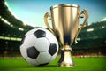 Football soccer ball and golden cup on the grass of football arena Royalty Free Stock Photo