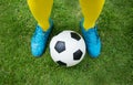 Football or soccer ball at the kickoff of a game. Royalty Free Stock Photo