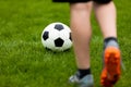 Football or soccer ball at the kickoff of a game. Soccer free kick at a grass pitch