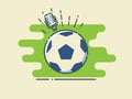 Football / Soccer Ball On Stylized Green Field With Microphone. Sport Broadcasting. Royalty Free Stock Photo