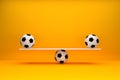 Football soccer balls balancing on a seesaw. Deuce, draw or equality on the match score or balanced equal team power