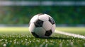 Football Soccer Classic Ball. On a green field. 16:9 scale. Generative AI (Real 300 DPI) Royalty Free Stock Photo