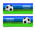 Football soccer 3D realistic ball illustration banner template with green grass field Royalty Free Stock Photo