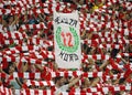 Football or soccer fans with red & white scarves