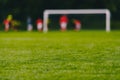 Football soccer field. Low angle image of green turf on soccer pitch Royalty Free Stock Photo