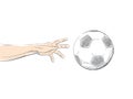 Football / Soccer flying ball in the line art style. Hand reaching for ball Royalty Free Stock Photo