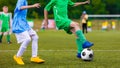 Football soccer game of youth teams. Running young players kicking soccer ball on sports field Royalty Free Stock Photo