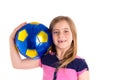 Football soccer kid girl happy player with ball Royalty Free Stock Photo