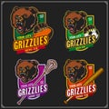 Football, soccer, lacrosse and baseball logos and labels. Sport club emblems with grizzly bear. Print design for t-shirts.